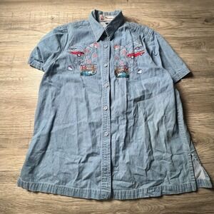 Passion Denim Shirt Womens Small‎ Blue Route 66 Embroidered Short Sleeve Vintage